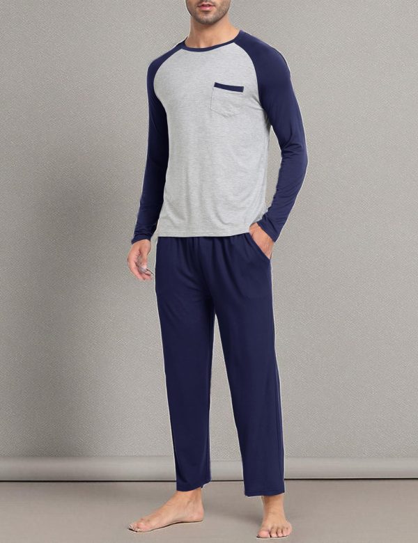 Mens Pajama Set Long Sleeve V Neck 2 Piece Nightwear Loungewear Sleepwear Modal Pants With Pockets Pj's Sleep for Men
