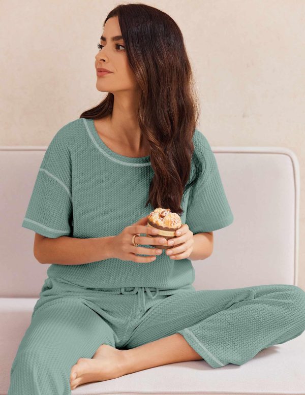 Women Waffle Knit Lounge Sets Short Sleeve Top and Long Pant Pajama Set Loungewear 2 Piece Pjs Set with Pockets