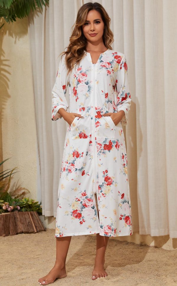 Zipper Robes for Women 3/4 Sleeve Housecoats Long Lightweight Bathrobe House Dress with Pockets