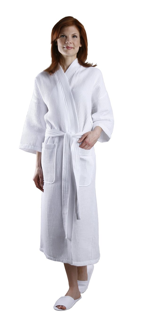 Square Waffle Spa Kimono Robe - Soft Light Hotel Bathrobe Cypress (One Size/Large, White)