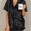 Womens Silk Pajamas Set Button Down 2 Piece Satin Pjs Shorts Set Ruffle Notch Collar Sleepwear