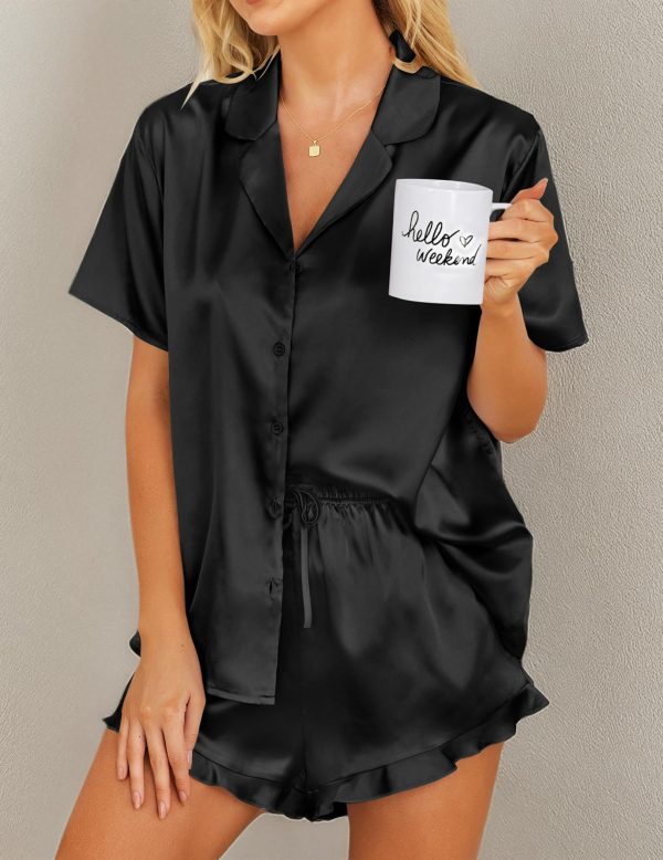 Womens Silk Pajamas Set Button Down 2 Piece Satin Pjs Shorts Set Ruffle Notch Collar Sleepwear