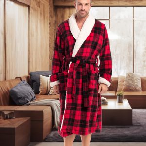 Men's Plush Sherpa Robe, Warm Bathrobe with Pockets