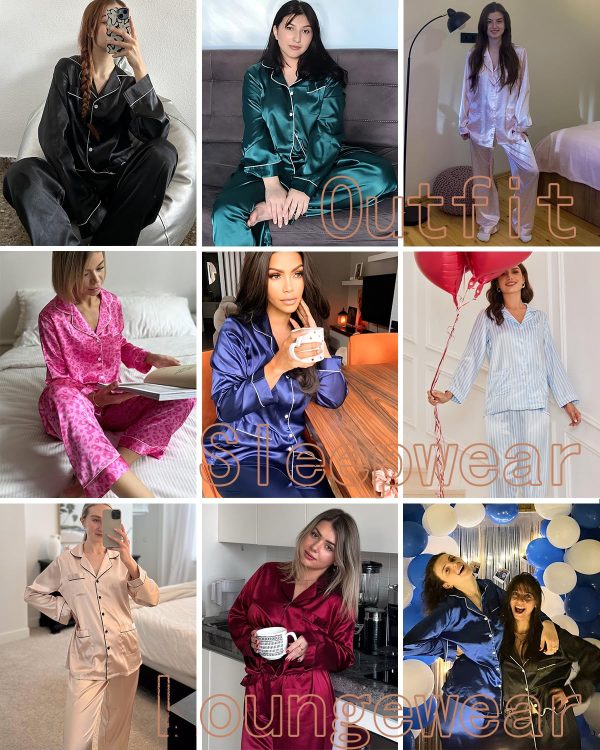 Silk Pajamas for Women Classic Button Down Satin Pajama Sets Long Sleeve Lounge Set