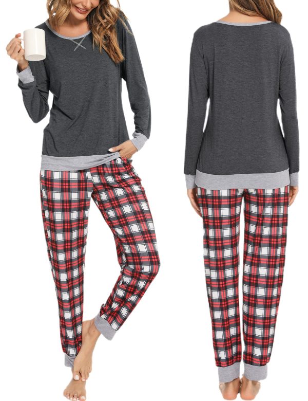 Men & Women Pajama Sets for Couples Long Sleeve Sleepwear Plaid Pants Loungewear Set with Pockets
