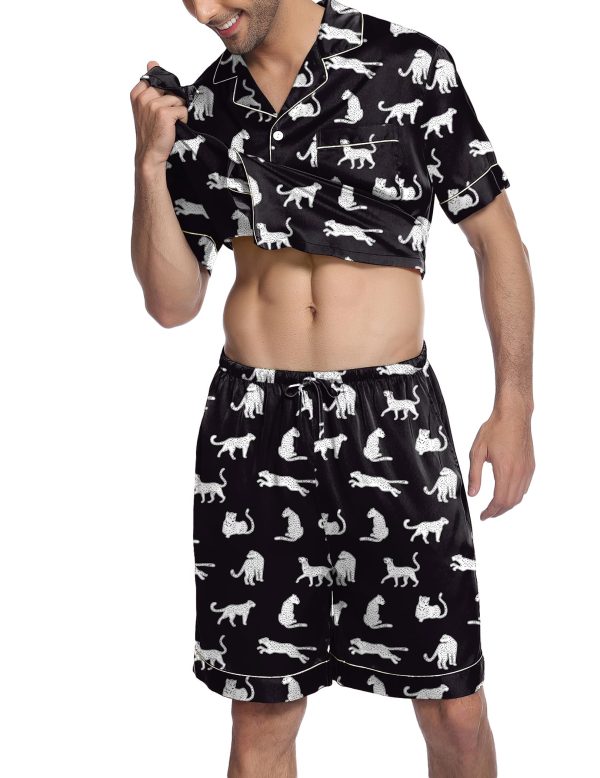 Mens Satin Pajamas Set Button-Down Short Sleeve Shirt Top Soft Silk Sleepwear Loose Pocket Pant Loungewear