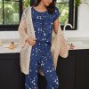 Womens Pajama Set Short Sleeve Sleepwear Pleated Floral Pjs Set Capri Pants Lounge Sets with Pockets S-XXL