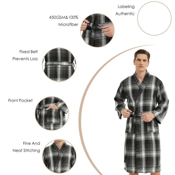 Men's Robe-Polyester Flannel Ultra-Lightweight Bathrobe for Unisex,Scottish Plaid Style Shawl Collar Bathrobe