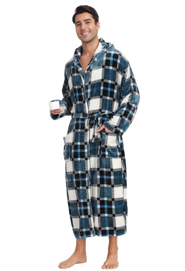 Mens Hooded Robe Plush Flannel Fleece Full Length Bathrobe Warm House Coat Long Lounge Robe with Hood Pockets