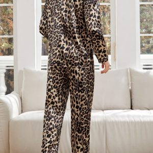 Men's Satin Leopard Lapel Neck Button Down Long Sleeve Top and Pants 2 Piece Pajama Set
