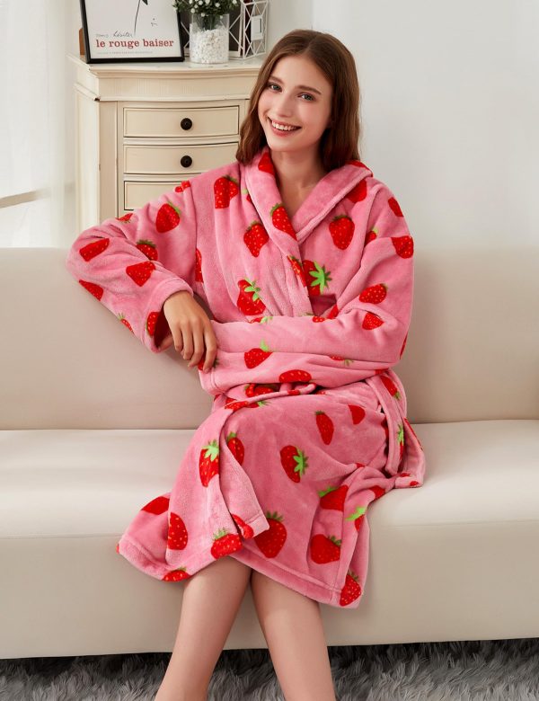Women's Fleece Bath Robe Full Length Plush Soft Bathrobe Warm Lounge Sleepwear Robe with Pockets Gift for Mom Wife Dad Friend