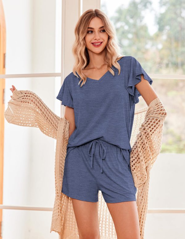 Women's Pajamas Set Ruffle Sleeves Sleepwear V Neck Comfy 2 Piece Pjs Loungewear Set with Pockets S-XXL