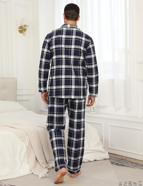 Mens Pajama Set Soft Cotton Button Down Notched Collar Pjs Long Sleeve 2 Piece Sleepwear Lounge Nightwear with Pocket