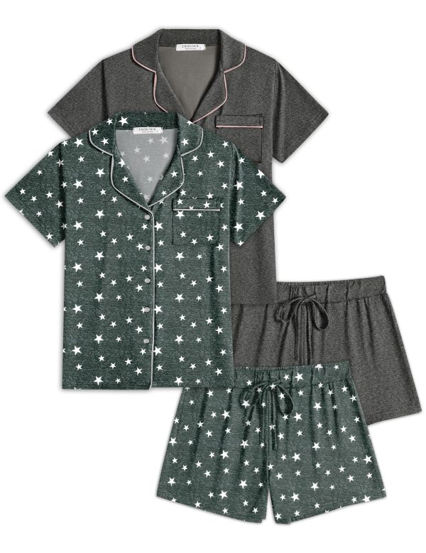2 Pack Womens Pajamas Set Button Down Summer Sleepwear Short Sleeve Comfy Pjs Loungewear Set