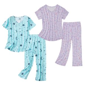 2 Pack Cotton Pajamas for Women Set Two Piece Short Sleeve Sleepwear Tops with Capri Pants Summer Pj Set