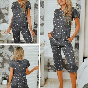 Women's Sleepwear Capri Pajama Sets Short Sleeve Two-Piece Pjs V Neck Tops & Capri Pants with Pockets S-3XL