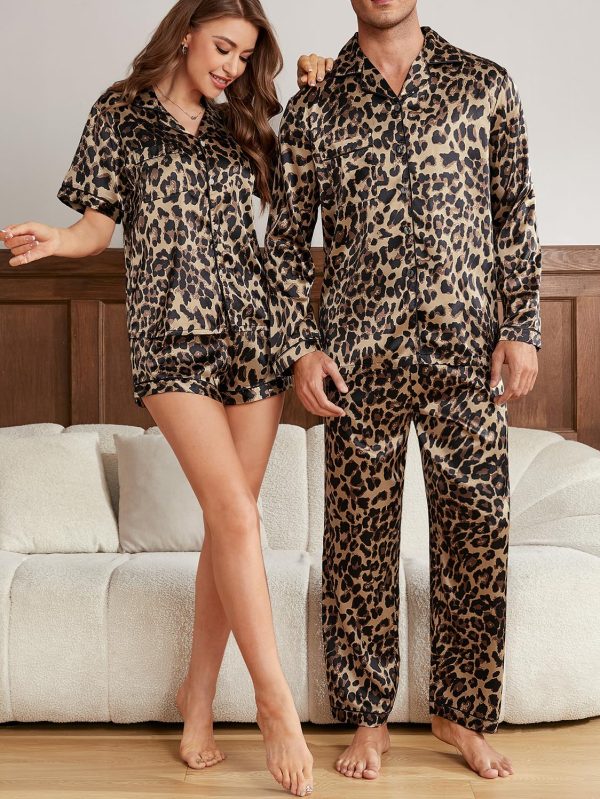 Men's Satin Leopard Lapel Neck Button Down Long Sleeve Top and Pants 2 Piece Pajama Set