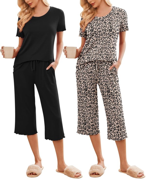2 Pack: Women's Pajamas Set Short Sleeve Sleepwear Capri Pants Pjs Soft Loungewear with Pockets