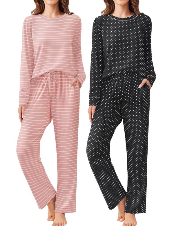 2 Pack Women Pajama Long Sleeve Sleepwear Soft Loungewear Pjs Sets with Pockets S-XXL