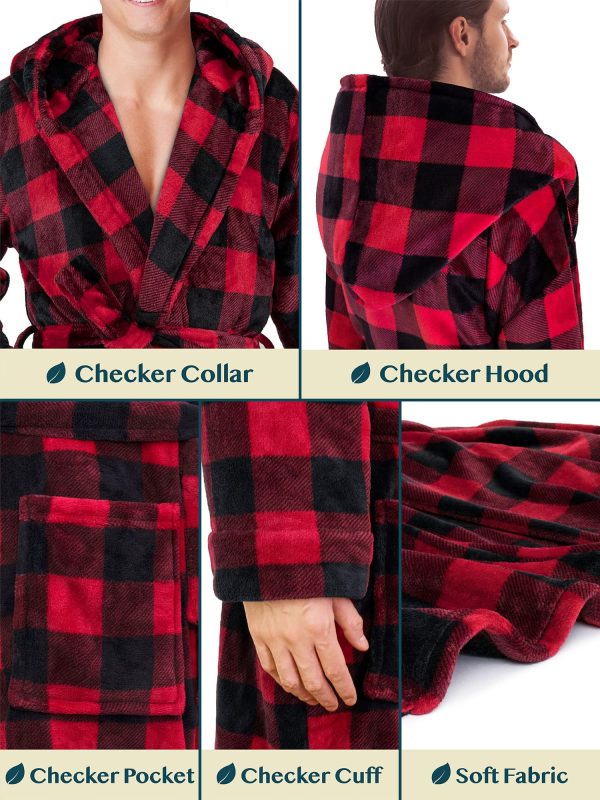 Mens Robe, Hooded Fleece Bathrobe for Men, Plush Long Warm Robe for Male Bath Spa