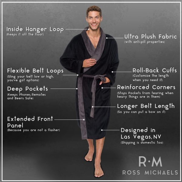 Mens Robe Shawl Collar Wrap Style - Mid Length Plush Fleece Bathrobe
