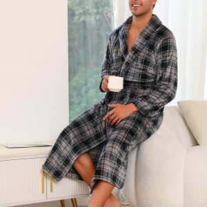 Mens Plush Fleece Robe Cozy Warm Bathrobe with Pockets