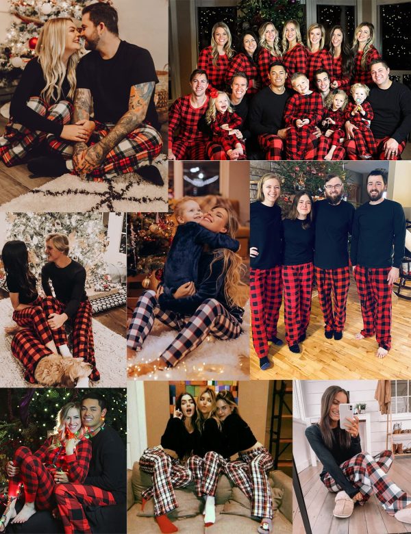 Men & Women Pajama Sets for Couples Long Sleeve Sleepwear Plaid Pants Loungewear Set with Pockets