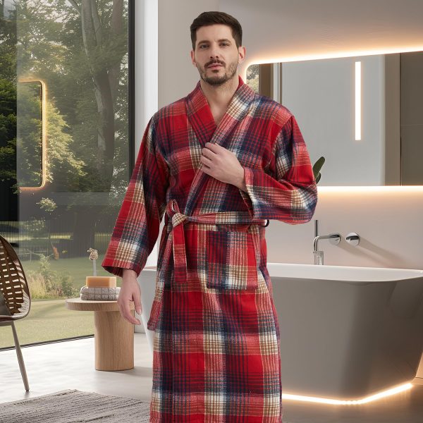 Mens Robe -Soft Microfiber Flannel Bathrobe for Unisex??Scottish Plaid Robe with Shawl Collar Lightweight Robe for Men