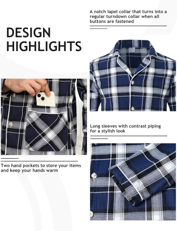 Mens Pajama Set Soft Cotton Button Down Notched Collar Pjs Long Sleeve 2 Piece Sleepwear Lounge Nightwear with Pocket