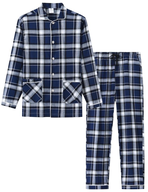 Mens Pajama Set Soft Cotton Button Down Notched Collar Pjs Long Sleeve 2 Piece Sleepwear Lounge Nightwear with Pocket