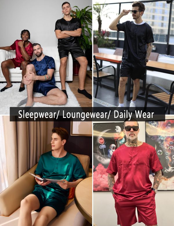 Men Silk Pajamas Set 2 Piece Pjs Soft Satin Sleepwear Shorts Button Down Tops Loungewear with Pockets