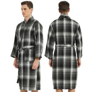 Men's Robe-Polyester Flannel Ultra-Lightweight Bathrobe for Unisex,Scottish Plaid Style Shawl Collar Bathrobe