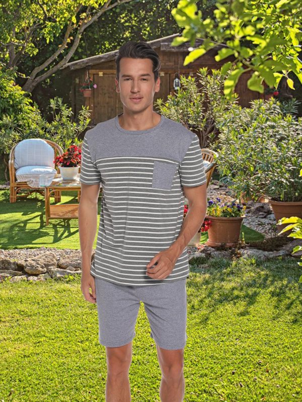 Men's Pajama Set Cotton Pajamas Striped Short Sleeve & Shorts Pjs Sets Sleepwear Summer Lounge Set with Pockets