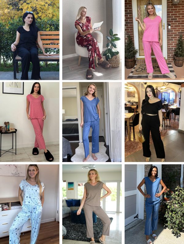 Womens Pajama Sets Short Sleeve Sleepwear Tops and Long Pants V Neck Pjs 2 Piece Lounge Set with Pockets S-XXL