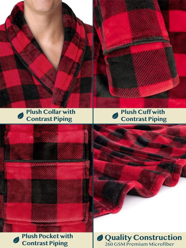 Fleece Mens Robe, Plush Flannel Bathrobe, Soft Long Spa Robe for Men