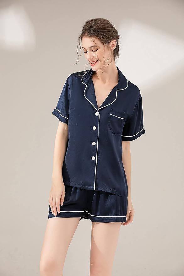100% 19mm Short Sleeve Mulberry Silk Pajama Set Size：L