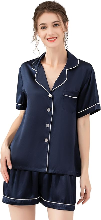 100% 19mm Short Sleeve Mulberry Silk Pajama Set Size：L