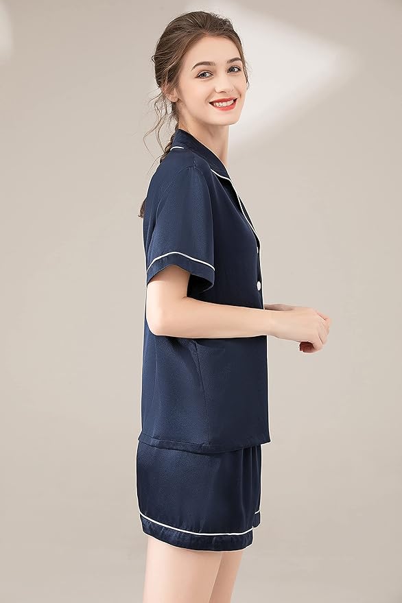100% 19mm Short Sleeve Mulberry Silk Pajama Set Size：L