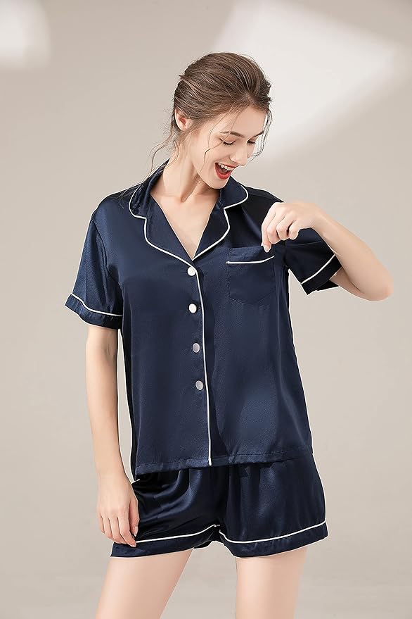 100% 19mm Short Sleeve Mulberry Silk Pajama Set Size：L