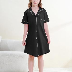Girls Nightgown 100% Cotton Short Sleeve Button Down Pajama Ages 4-14