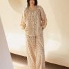 100% Cotton Women's Pajama Set, Long Sleeve Floral Loungewear, Beige
