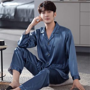 Long-sleeved Silk Ice-silk Pyjamas for Men in A Thin Faux Silk Four-season Suit