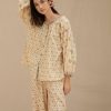100% Cotton Women's Pajama Set, Long Sleeve Floral Loungewear, Beige