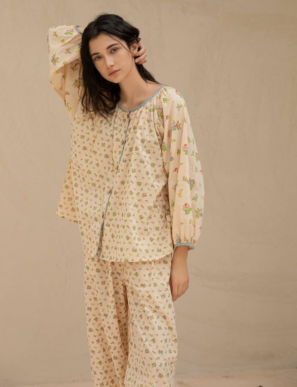 100% Cotton Women's Pajama Set, Long Sleeve Floral Loungewear, Beige