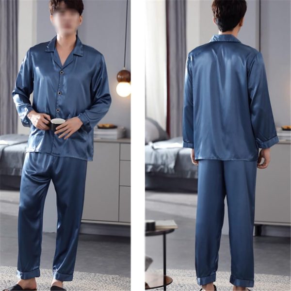Long-sleeved Silk Ice-silk Pyjamas for Men in A Thin Faux Silk Four-season Suit