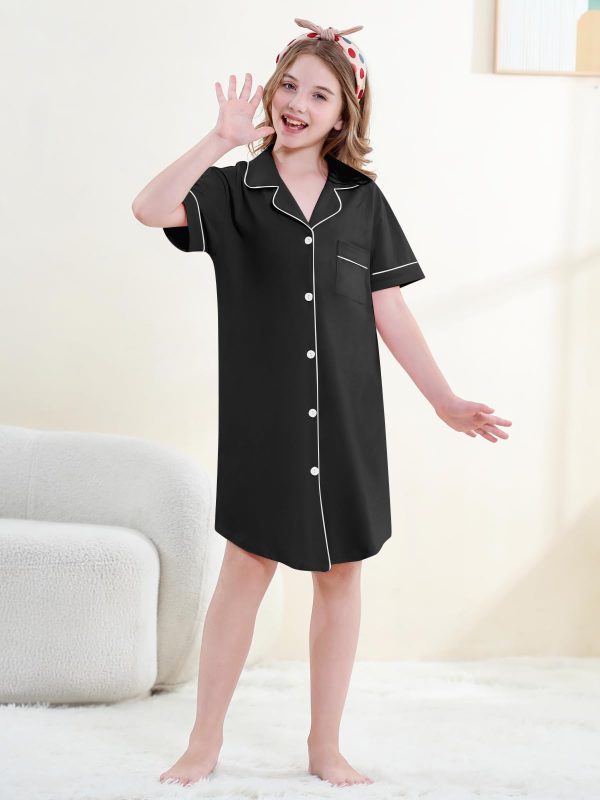 Girls Nightgown 100% Cotton Short Sleeve Button Down Pajama Ages 4-14