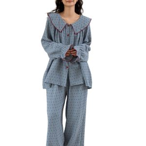 Women's Peter Pan Collar Pajama Set, Long Sleeve Button-Up Top and Wide-Leg Pants, Blue Polka Dot Pattern