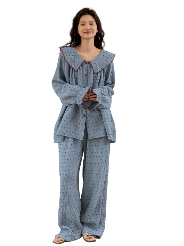 Women's Peter Pan Collar Pajama Set, Long Sleeve Button-Up Top and Wide-Leg Pants, Blue Polka Dot Pattern