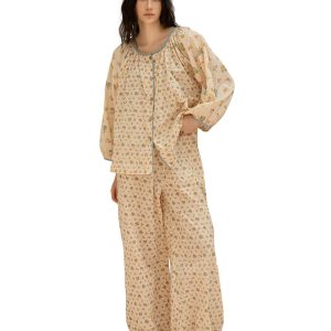 100% Cotton Women's Pajama Set, Long Sleeve Floral Loungewear, Beige