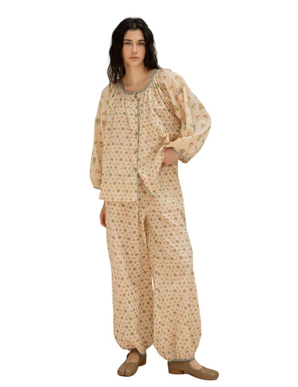 100% Cotton Women's Pajama Set, Long Sleeve Floral Loungewear, Beige